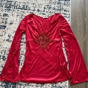 MIIK couture red V-Neck Embellished Women's Top